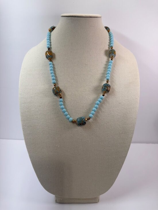 Jewelry - Blue Glass Lampwork Gold Foil Bead Necklace 24” Gold Tone Robins Egg Artisan